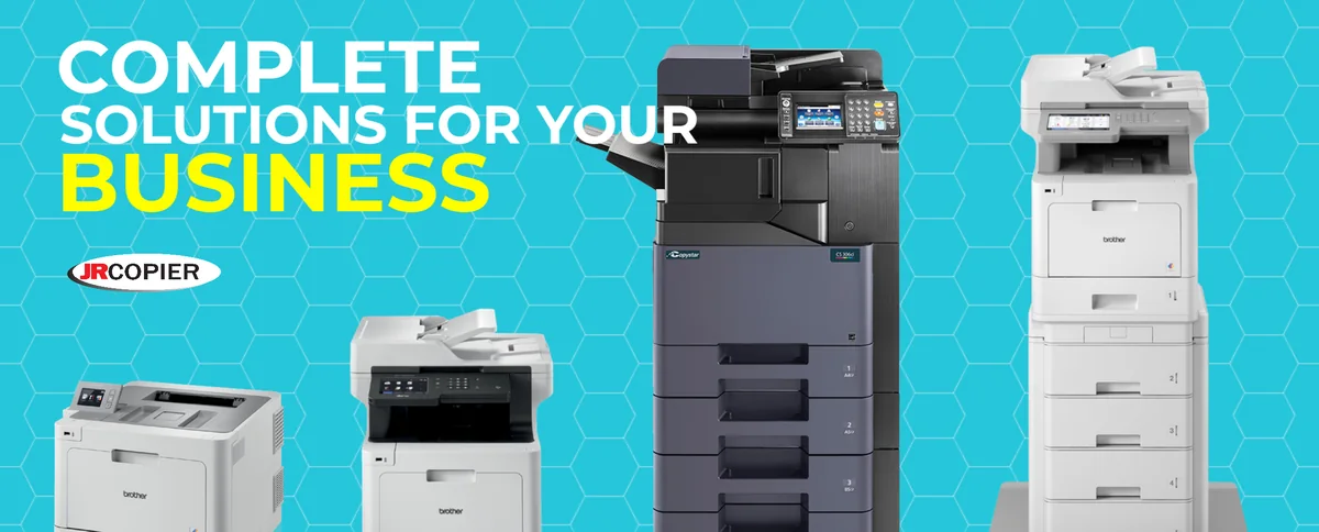 A lineup of Brother and Copystar printers and copiers available for rental from JR Copier